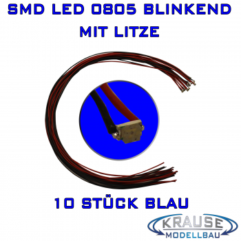 SMD-LED 0805 blau selbsttätig blinkend mit Litze 0,05 mm², 10 Stück