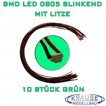 SMD-LED 0805 grün selbsttätig blinkend mit Litze 0,05 mm², 10 Stück