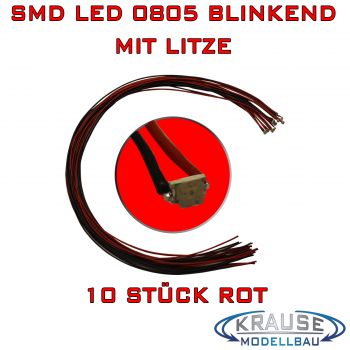SMD-LED 0805 rot selbsttätig blinkend mit Litze 0,05 mm², 10 Stück