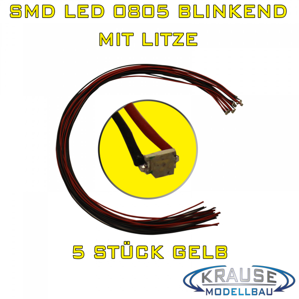 SMD-LED 0805 gelb selbsttätig blinkend mit Litze 0,05 mm², 5 Stück