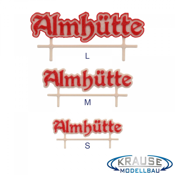 Schild Schriftzug "Almhütte" in drei Varianten