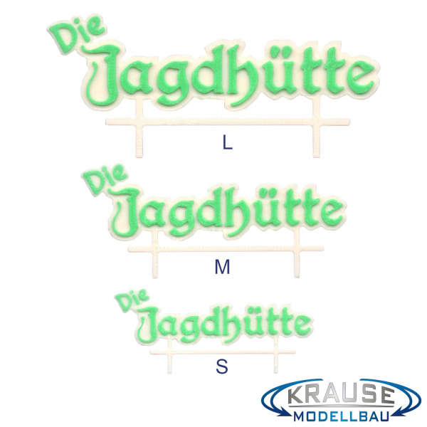 Schild Schriftzug "Die Jagdhütte" in drei Varianten